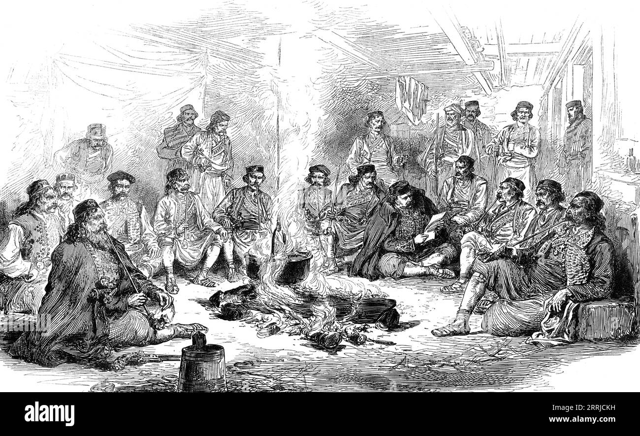 The war in the Herzegovina: Council of war in PECO Pavlovitch's Camp, nach einer Skizze unseres Spezialkünstlers, 1876. "Crsto Pawlowitsch; Bogdan Simonitch; Milovan Bochkowitsch; Lazar Sotchitza; PECO Pawlowitsch... die Skizze des kriegsrates, die von Herrn Melton Prior, unserem Sonderkorrespondenten in der Herzegowina, geschickt wurde, wurde von den Aufständischefs im Lager von PECO Pawlowitsch in Piva gehalten. in der Nähe von Gorausko und dem Schlachtfeld von Moralovitza... auf dem entschieden wurde, welche Operationen sie während des Winters fortsetzen wollten... PECO Pawlowitsch, ein sehr mutiger Häuptling, war bestrebt anzugreifen, und Stockfoto