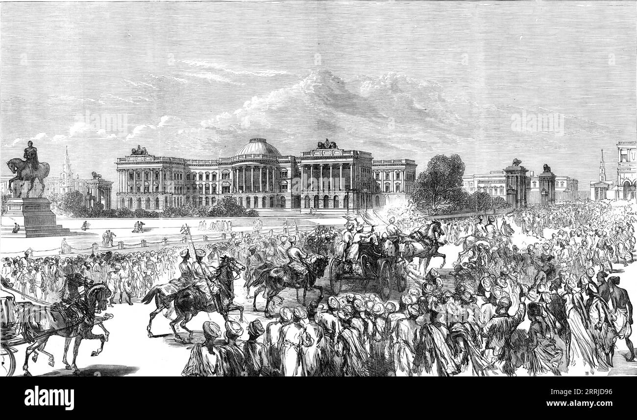 Regierungsgebäude, Kalkutta, entworfen von einem unserer Spezialkünstler, 1876. Das Regierungsgebäude nimmt den Hauptsitz in Kalkutta ein. Es steht dem Maidan gegenüber... der Plan könnte als Viereck beschrieben werden, aber als St. Andrews Kreuz wird eine nähere Vorstellung von seiner wahren Form vermitteln. Diese Regelung wurde im Hinblick auf die Belüftung angenommen. Ein Viereck hätte einen zentralen Hof erforderlich gemacht, während die Form, die angenommen wurde, das ganze jedem Windhauch offen lässt, der eine Chance hätte zu blasen... die privaten Gärten des Hauses befinden sich vor; und im Süden davon und in einer Linie mit dem Zentrum der Regierung Hou Stockfoto
