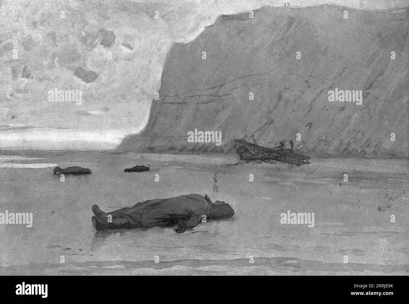 Das Ende eines deutschen Flugzeugs, ein feindliches Flugzeug, ein zweimotoriges gotha, das in der Nacht vom 3. auf den 4. November 1917 über Calais geflogen war, stürzte gegen 1 Uhr morgens gegen die Klippen von Blanc-Nez, bei Sangatte, etwa 12 Kilometer von Calais entfernt, ab, nachdem es sich im dichten Nebel, der sich über die Meerenge erstreckte, verloren hatte. Vier Männer waren dabei: Ein Pilot, ein Beobachteroffizier und zwei Bombardier. Alle vier wurden von der steigenden Flut ertränkt, die das Schiff umgab, 1917. Aus L’Album de la Guerre 1914-1919, Band 2 [L’Illustration, Paris, 1924]. Stockfoto