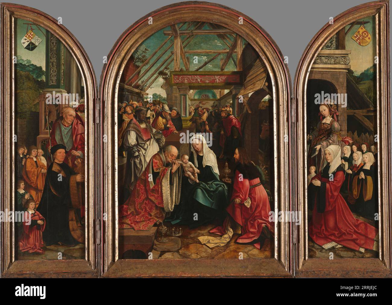 Triptychon mit der Anbetung der Könige (Mittelwand), dem Spender und seinen sechs Söhnen mit dem Heiligen Jerome (linker Innenflügel), der Frau des Spenders&#x2019;und ihren sieben Töchtern mit der Heiligen Katharina von Alexandria (rechter Innenflügel), dem Heiligen Christopher (linker Außenflügel) und dem Heiligen Antonius Abt (rechter Außenflügel), 1517. Weitere Titel: Triptychon mit der Anbetung der Könige (Mittelwand), der Spender und seine sechs Söhne mit dem heiligen Jerome (linker Innenflügel), die Frau des Spenders und ihre sieben Töchter mit der heiligen Katharina von Alexandria (rechter Innenflügel), St. Christopher (linker Außenflügel) und St. Antonius Abt (rechter Außenflügel) Stockfoto