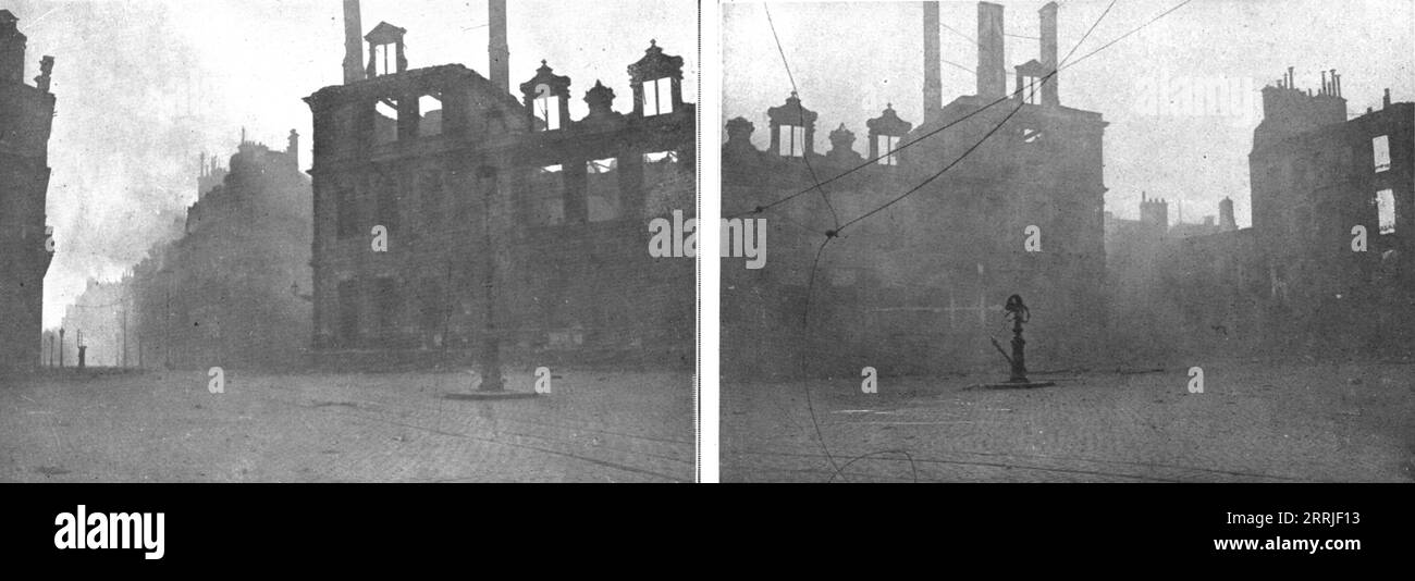 "La Destruction methodique de Reims; L'Hotel de Ville en feu, apres le Bombardement du 3 mai par obus incendiaires", 1917. Erster Weltkrieg: Die methodische Zerstörung von Reims; das Rathaus brannte nach Bombardierung mit Brandschellen am 3. Mai. Aus L’Album de la Guerre 1914-1919, Band 2 [L’Illustration, Paris, 1924]. Stockfoto