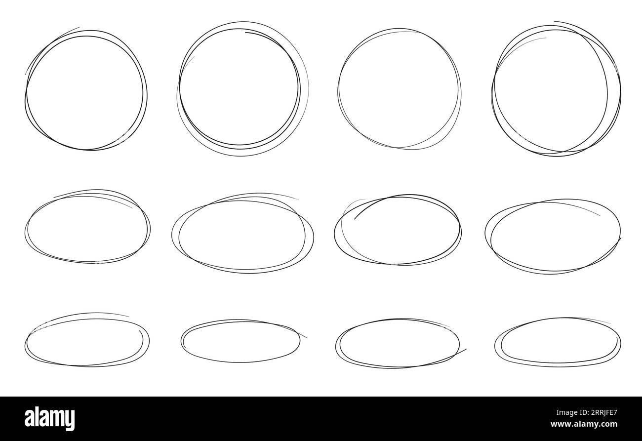 Von Hand gezeichneter Kreis, Ellipse und Ellipse unteren Grades. Eine Reihe von Ovalen und Blasen. Stock Vektor