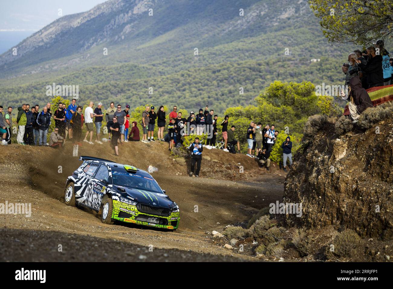 Lamia, Griechenland, 08/09/2023, 23 Oliver SOLBERG (SWE), Elliott EDMONDSON (GBR), SKODA FABIA RS, RC2, Rally2, Action während der Akropolis Rally Greece 2023, 10. Runde der WRC Rally Car World Championship 2023, vom 7. bis 10. September 2023 in Lamia, Griechenland Stockfoto