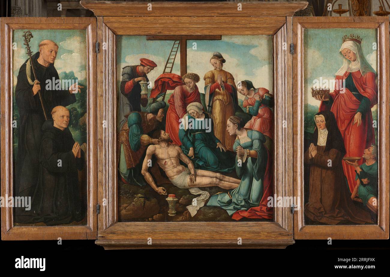 Triptychon mit der Klagen Christi (Mitte), flankiert vom männlichen Spender mit dem Heiligen Benedikt (links, Innenflügel) und weiblichen Spender mit der Heiligen Elisabeth von Thüringen (rechts, Innenflügel), ca. 1540-ca. 1545. Stockfoto
