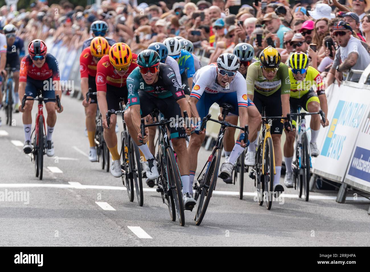 Harlow, Essex, Großbritannien. September 2023. Die Fahrer sind vom Start in Southend on Sea bis zur Ziellinie in Harlow gefahren, nachdem sie 91 km durch die Landschaft von Essex gefahren sind. Der erste in einem Sprint war Danny van Poppel vom Team Bora-Hansgrohe, knapp vor dem britischen Fahrer Ethan Vernon vom Team Großbritannien Stockfoto