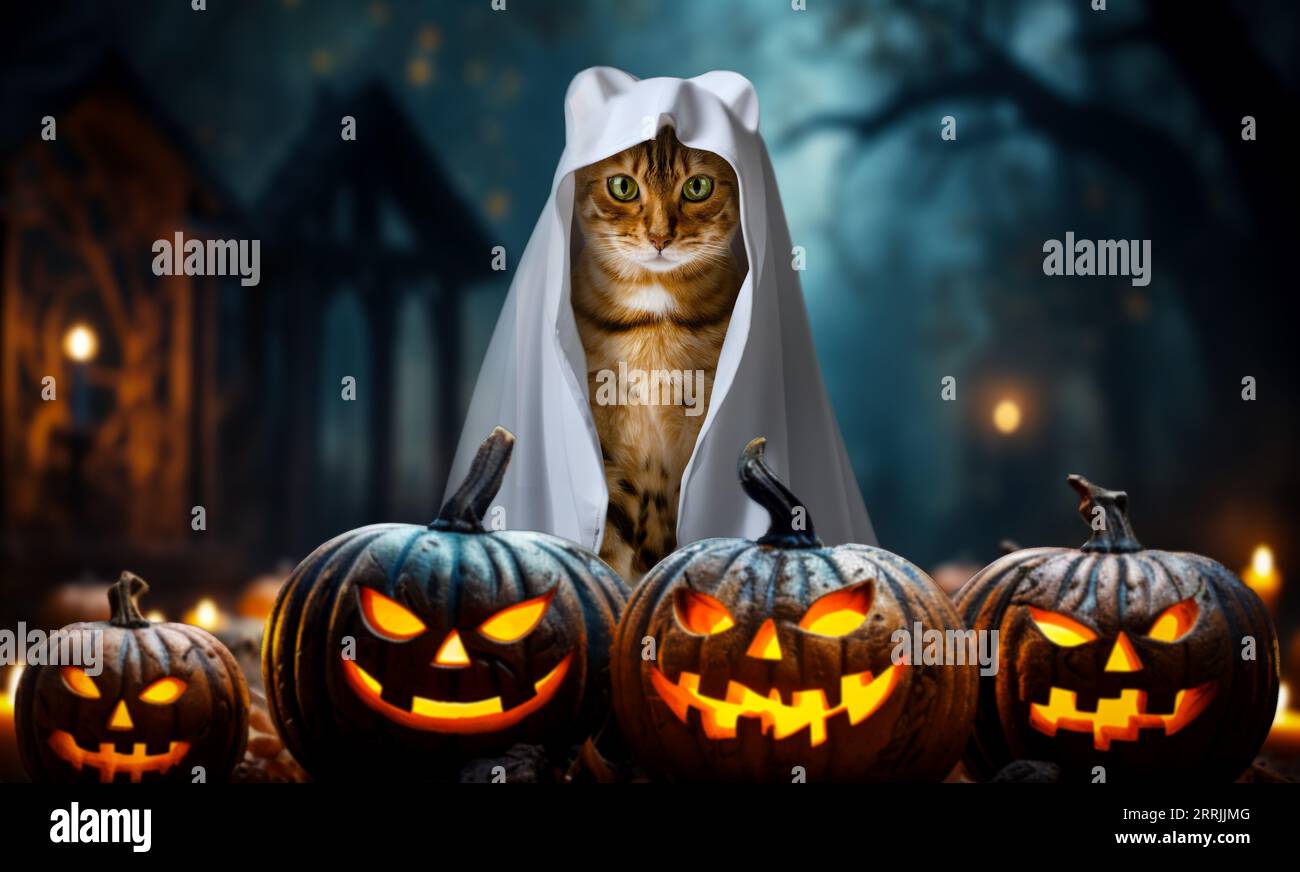 Katze als Geist auf einer Halloween-Party gekleidet. Festlicher Halloween-Hintergrund. Stockfoto