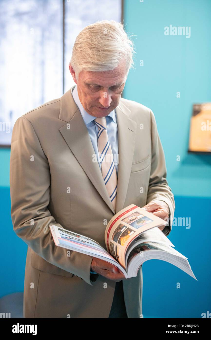 Brüssel, Belgien. September 2023. König Philippe - Filip von Belgien wird bei einem königlichen Besuch der Ausstellung „Le Lombard, ein Familienunternehmen“ im belgischen Comic Strip Center in Brüssel, Freitag, 08. September 2023, abgebildet. Um das 77-jährige Jubiläum des Verlegers Le Lombard hervorzuheben, veröffentlicht der Verlag auch eine Sonderausgabe des Le Journal de Tintin. Mit diesem Besuch zollt der König der neunten Kunst Tribut, einer Disziplin, für die Belgien weltweit bekannt ist. BELGA PHOTO JONAS ROOSENS Credit: Belga News Agency/Alamy Live News Stockfoto