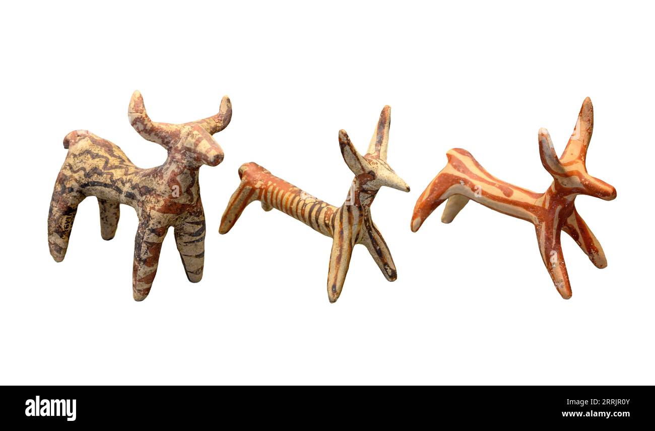 Mykenische Keramikfiguren, die Bullen- oder Rinderfiguren darstellen und in den Kammergräbern rund um die mykenische akropolis im 13. Bis 14. jahrhundert gefunden wurden. BC, AR Stockfoto