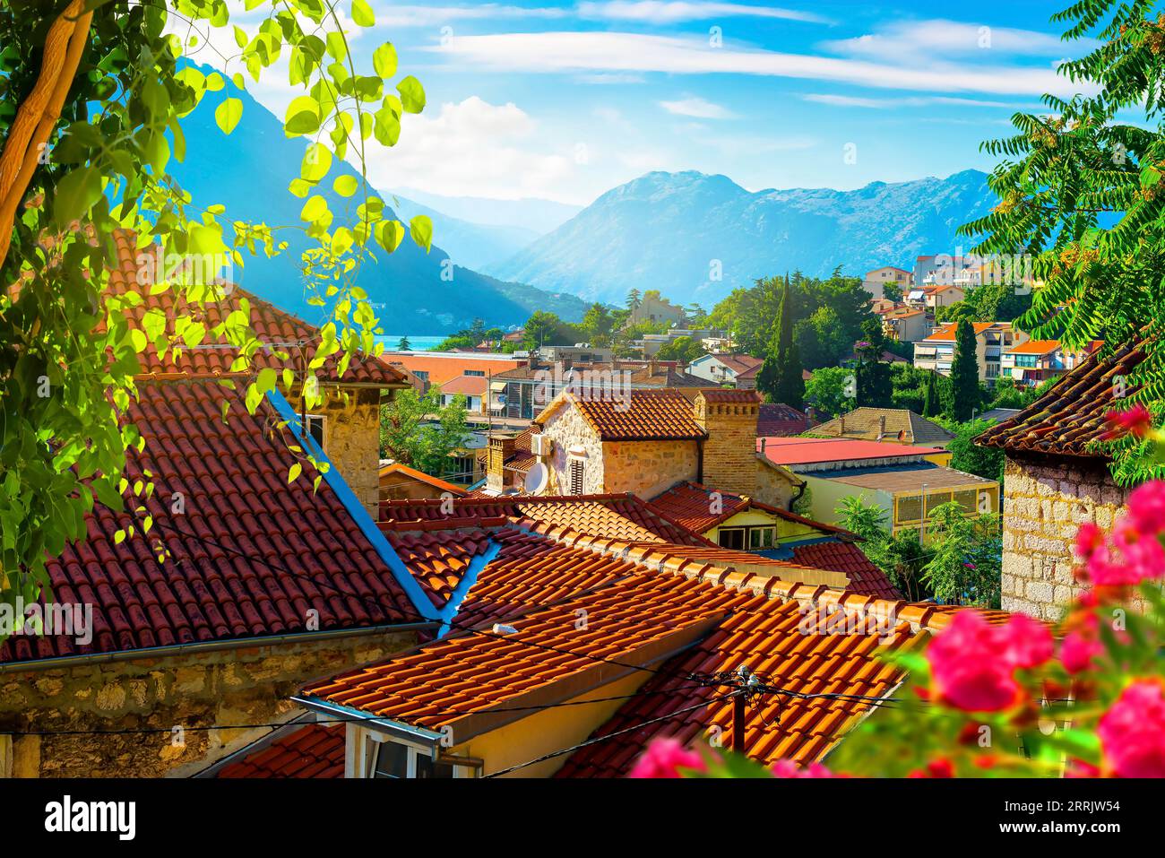 Häuser mit roten Dächern in der Altstadt von Kotor Stockfoto