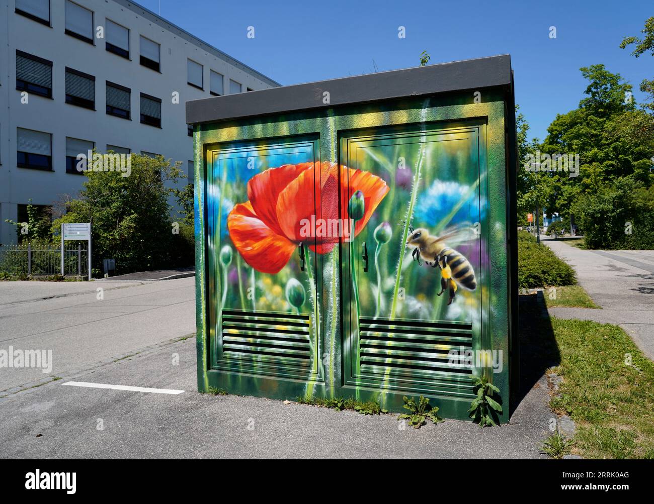 Deutschland, Bayern, Oberbayern, Neuötting, Schulzentrum, Container für Gebäudetechnik, lackiert, Graffiti, Blumen, Maismohn, Kornblumen, Bienen Stockfoto