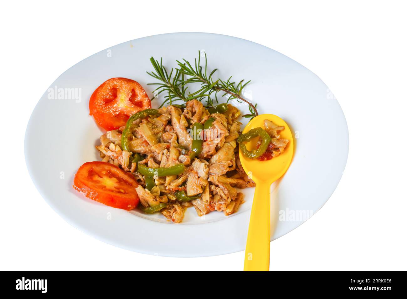 Unter Rühren Austernpilze mit Paprika, Tomate und Rosmarin braten Stockfoto