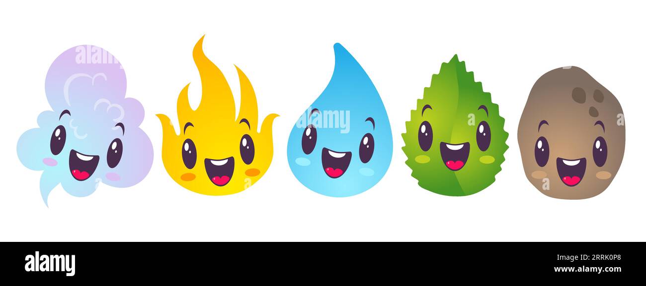 Vektor-Illustration von Naturelementen im Kawaii-Stil. Vektor-Set-Symbole von fünf Elementen im Chibi-Stil. Wasser, Feuer, Luft, Boden und Pflanze. Stock Vektor