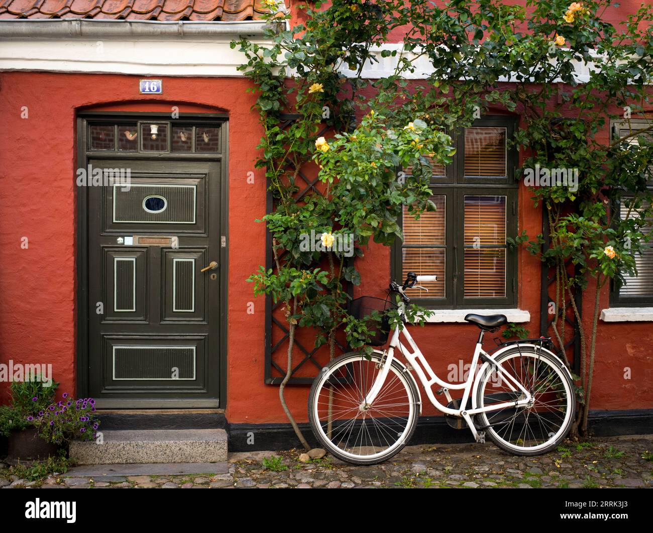 Fahrrad vor der Hausfassade, Straßenszene in Ribe, Dänemark Stockfoto