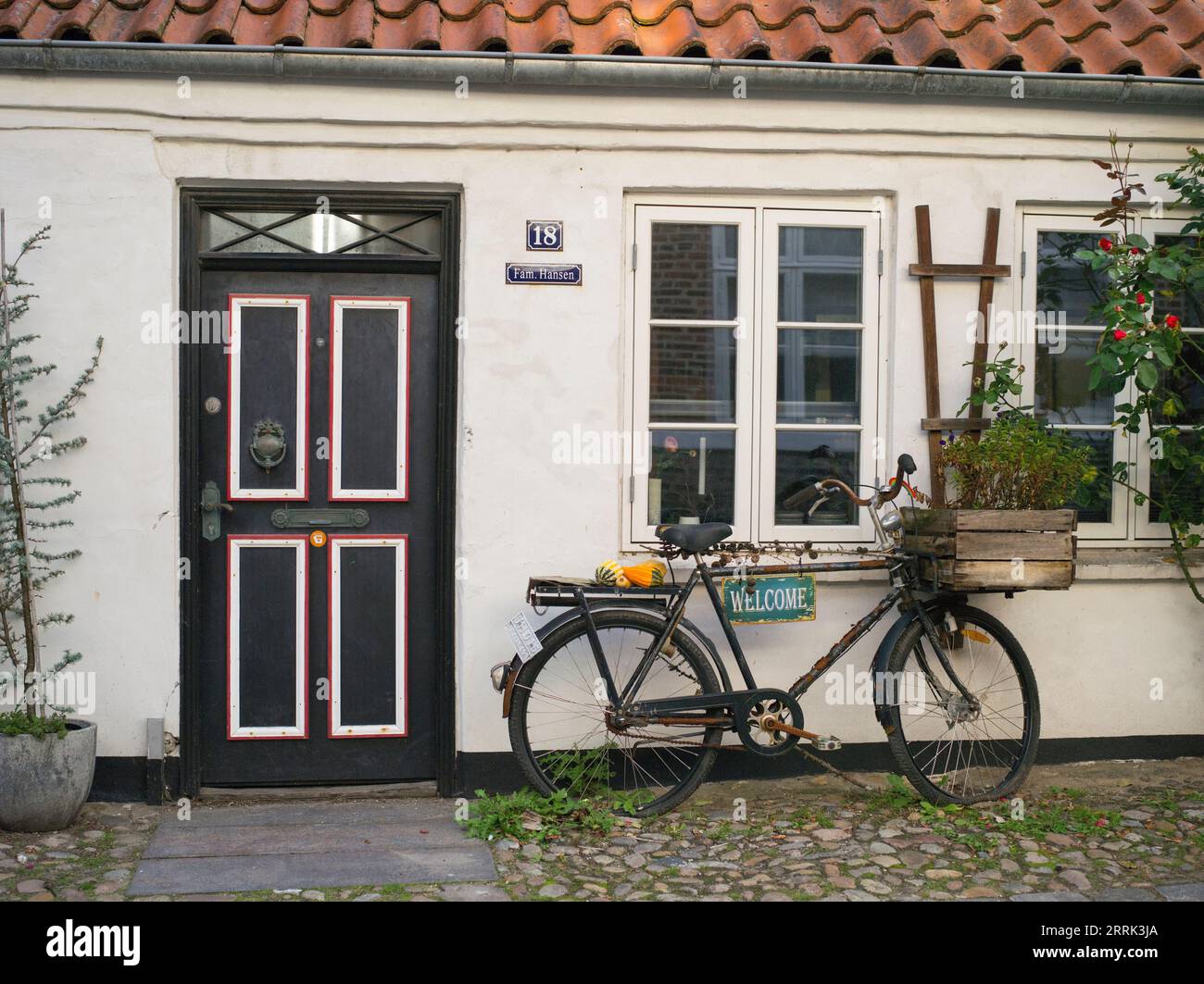 Fahrrad vor der Hausfassade, Straßenszene in Ribe, Dänemark Stockfoto