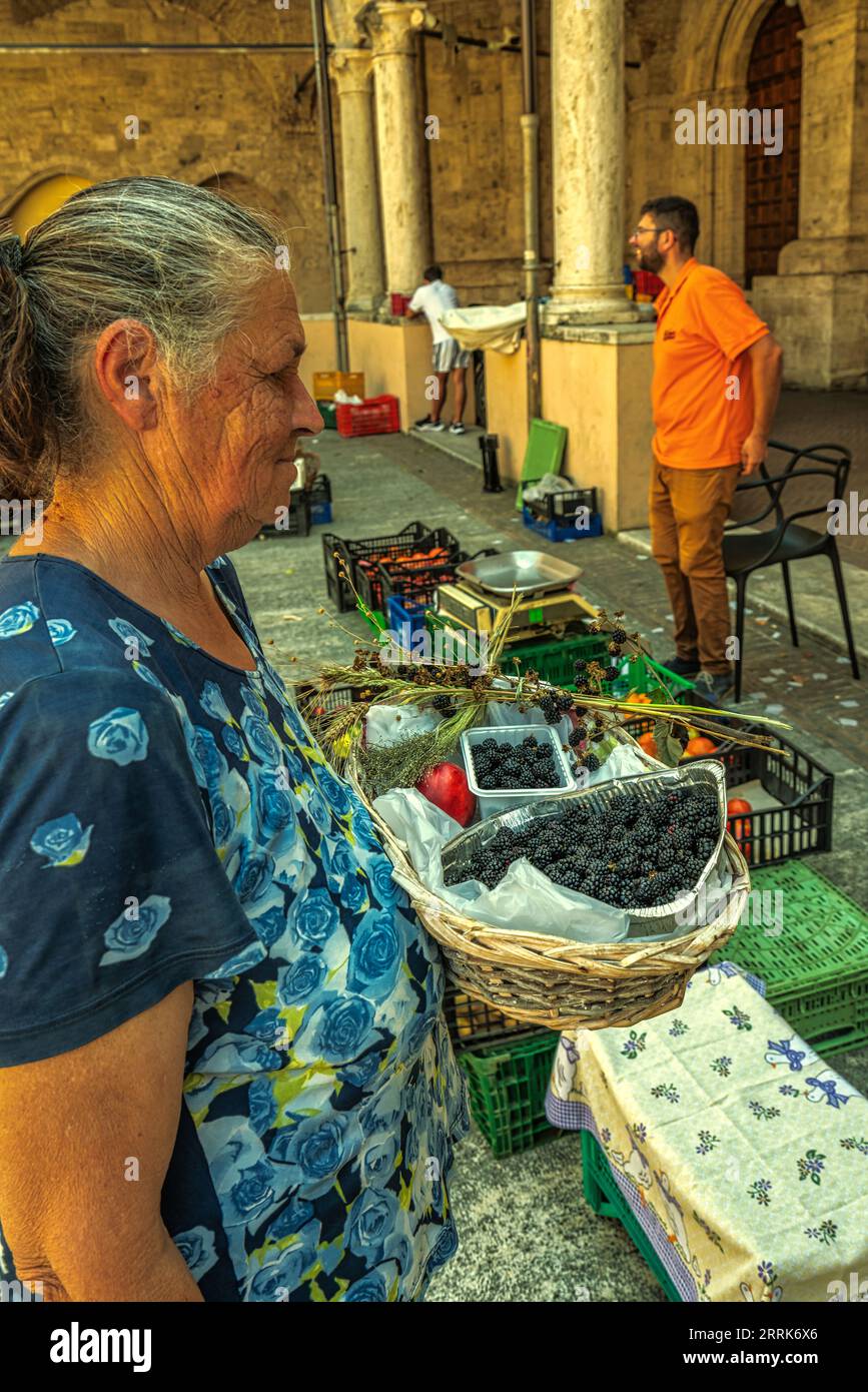 Eine ältere Frau zeigt ihre Brombeeren, die auf ihrer Farm produziert und auf dem Markt im Kreuzgang der Kirche San Francesco verkauft werden. Ascoli Piceno, März Stockfoto