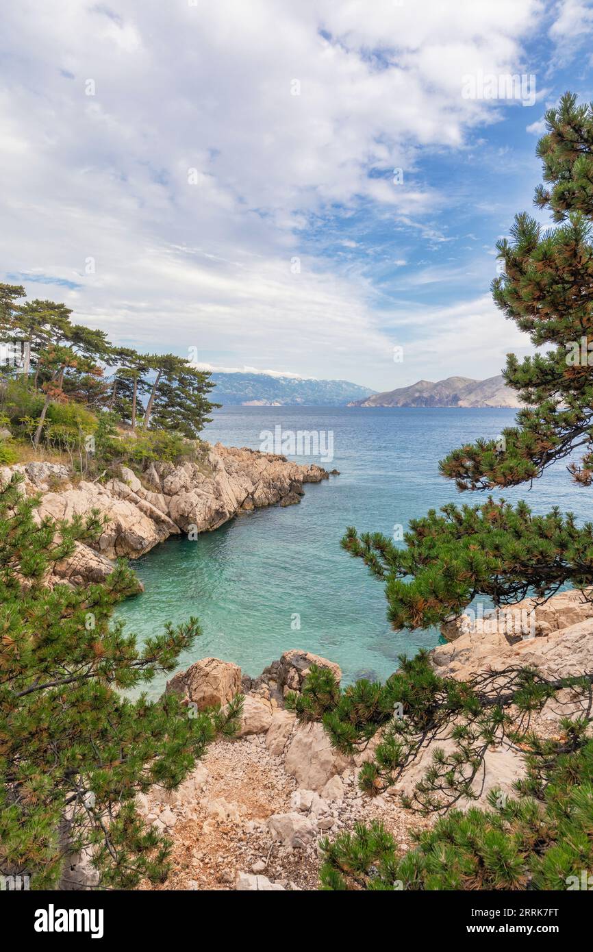 Kroatien, Primorje-Gorski Komitat Kotar, Insel Krk, Baska, kleine natürliche Bucht mit kristallklarem Meer in der Nähe des Strandes Mali Raj Stockfoto