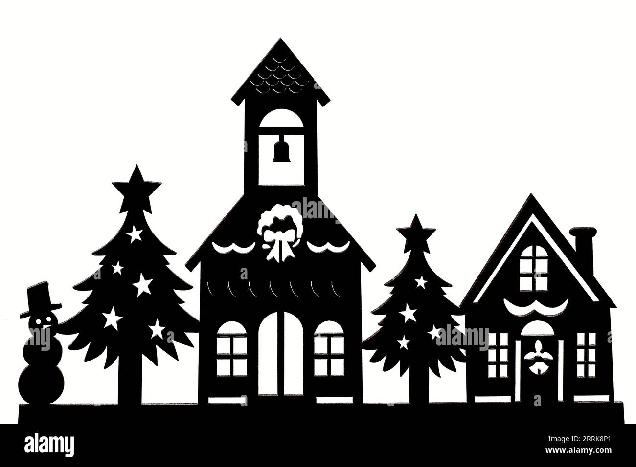 Silhouette der weihnachtsstadt in Sperrholz auf weißem Hintergrund geschnitten Stockfoto