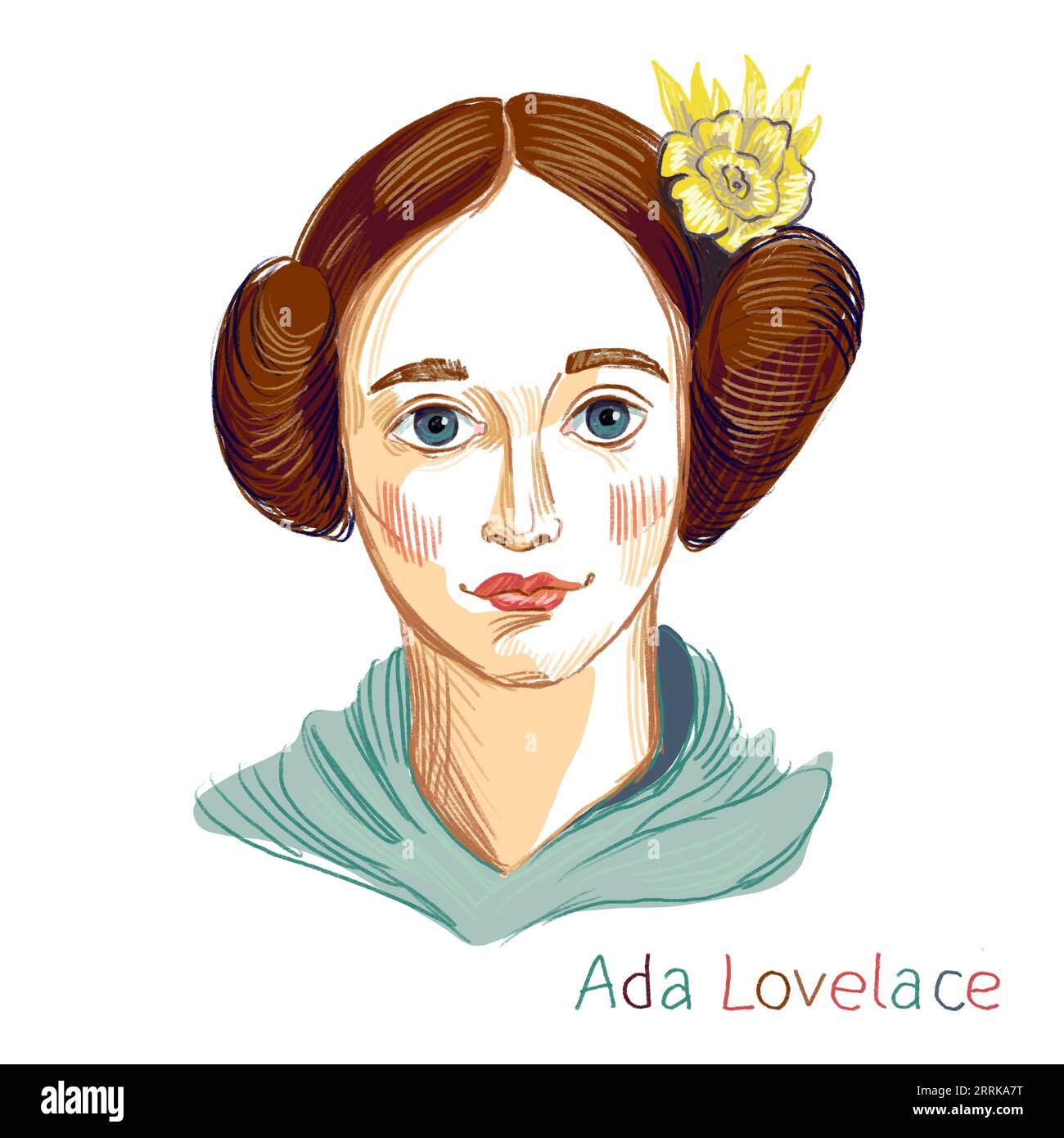 Tiflis, Georgia - 07.09.2023 Ada Lovelace farbiges Bleistiftporträt auf weißem Hintergrund. Englischer Mathematiker und Schriftsteller. Stockfoto