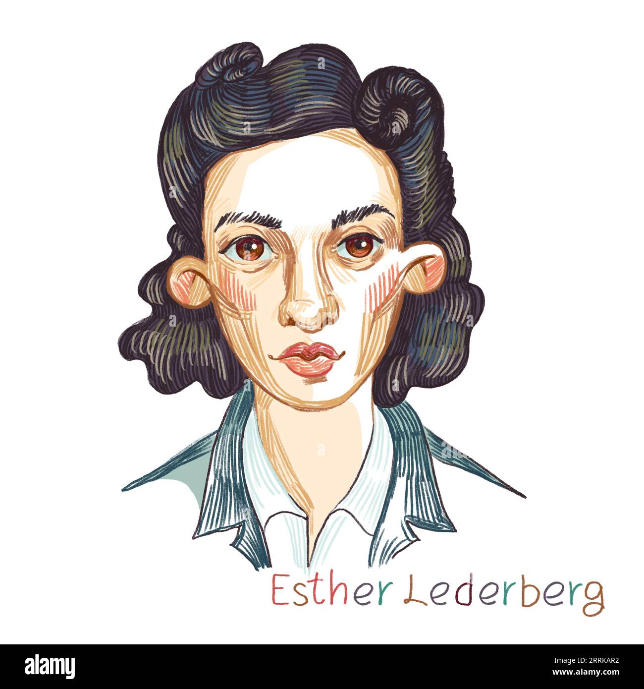 Esther Lederberg Farbstift schraffierte Porträt auf weißem Hintergrund. Amerikanischer Mikrobiologe und Pionier der Bakteriengenetik Stockfoto
