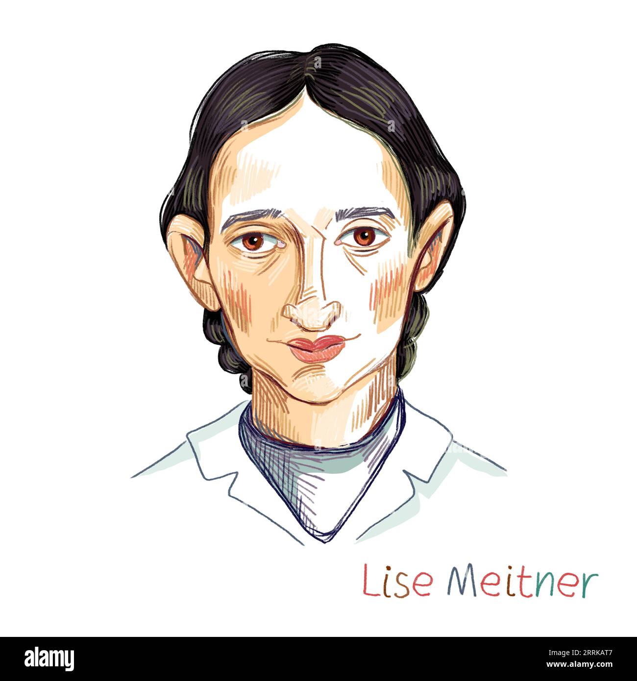 Tiflis, Georgien - 07.09.2023 Lise Meither Buntstift geschlüpftes Porträt auf weißem Hintergrund. Österreichisch-schwedischer Physiker. Stockfoto