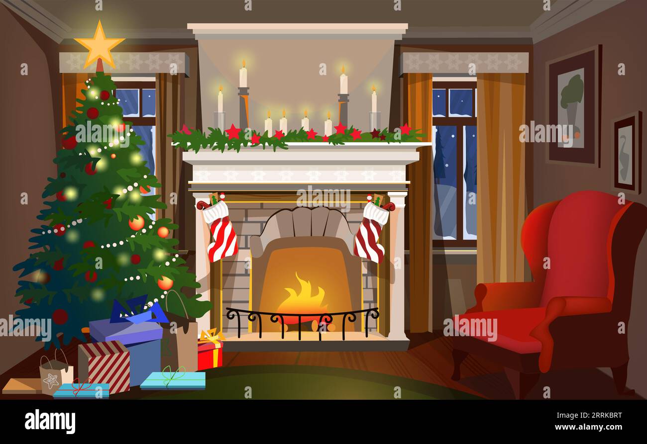 Weihnachtliches Interieur mit dekorierter Tanne, Kamin und Sessel Stock Vektor