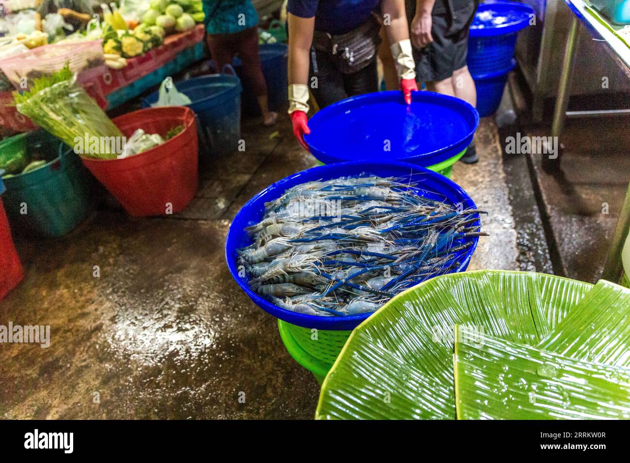 Fisch und Meeresfrüchte, Maeklong Railway Market, Talaad Room Hood Railway Market, Essen auf Schienen, in der Nähe von Bangkok, Samut Songkhram, Thailand, Asien. Stockfoto