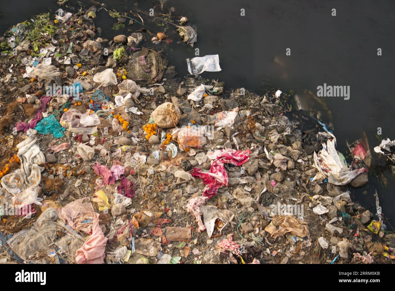 Rajkot, Indien. September 2023. Das Wasser ist schwarz, weil Müll wie Plastiktüten, Flaschen und andere Abfälle im kontaminierten Wasser des Aji-Flusses in der Nähe des Ramnath-Tempels in Rajkot vorhanden sind. Quelle: Nasirchan/Alamy Live News Stockfoto