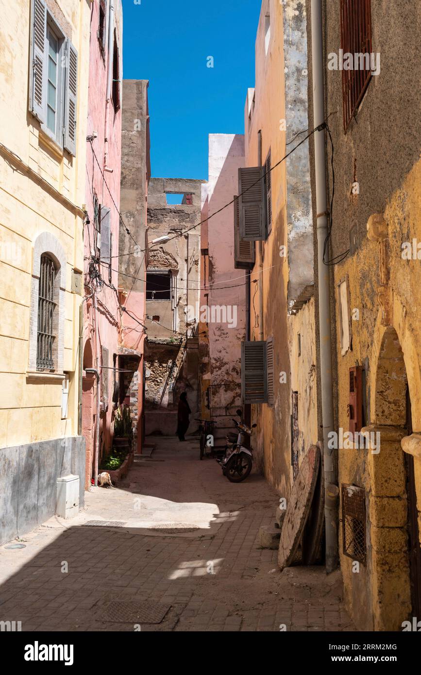 Malerische Gasse in der historischen portugiesischen Medina El Jadida, Marokko Stockfoto