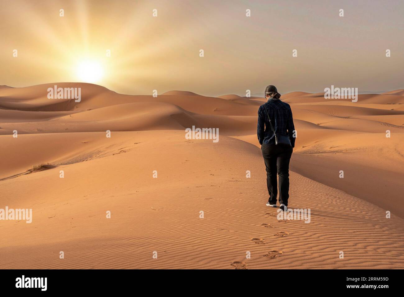 Eine Person, die durch die Wüste Erg Chebbi in der Afrikanischen Sahara, Marokko, läuft Stockfoto
