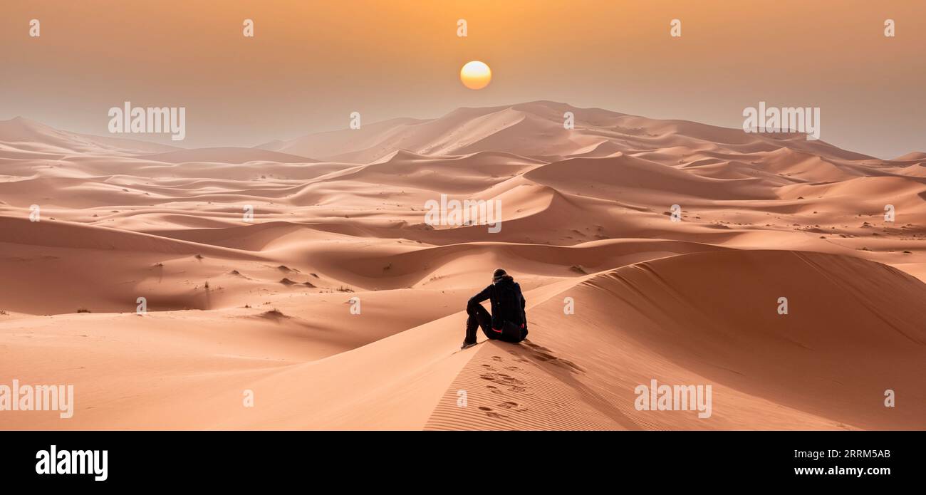 Eine Person, die in der Wüste Erg Chebbi in der afrikanischen Sahara, Marokko, sitzt Stockfoto