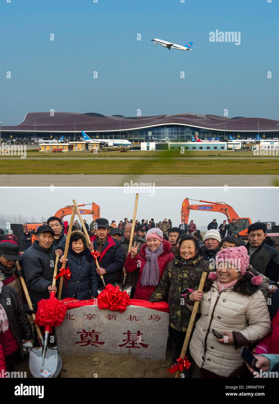 221005 -- PEKING, 5. Oktober 2022 -- Kombo-Foto zeigt ein Flugzeug, das am 7. September 2022 vom Beijing Daxing International Airport in Peking, der Hauptstadt Chinas, abhebt, Foto von und lokalen Dorfbewohnern, die mit dem Grundstein beim Spatenstich des internationalen Flughafens Beijing Daxing im Bezirk Daxing von Peking, Hauptstadt von China, posieren, Foto von Luo Xiaoguang am 26. Dezember 2014. Die chinesischen Behörden haben geplant, die Beijing Central Axis als Chinas Projekt zur Anwendung des Weltkulturerbes 2024 zu empfehlen, so die National Cultural Heritage Administration. Stockfoto