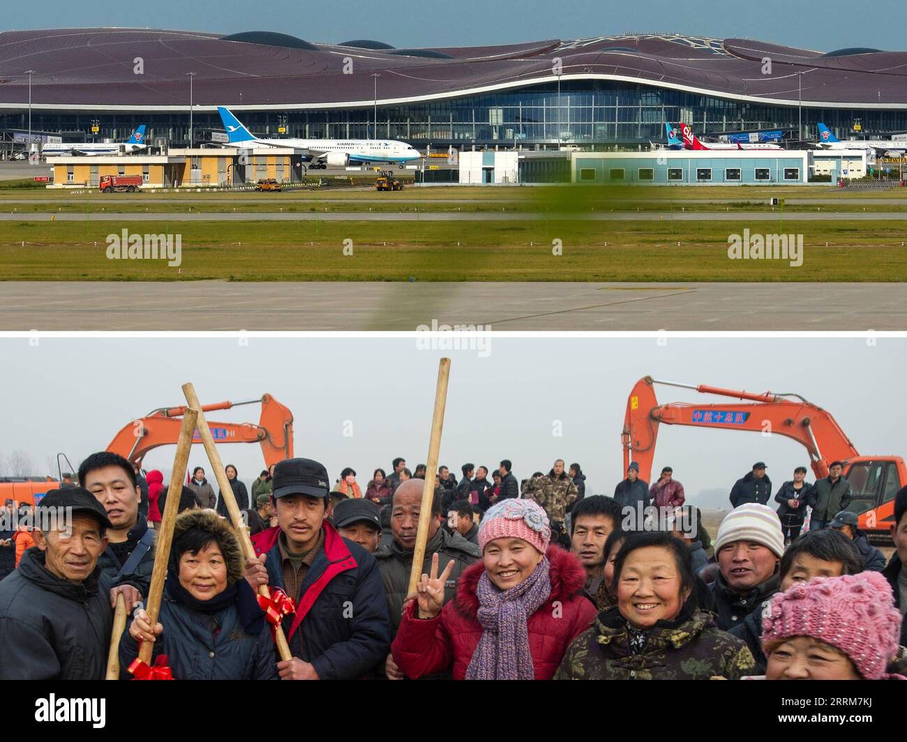 221005 -- PEKING, 5. Oktober 2022 -- Kombo-Foto zeigt ein Flugzeug, das am 7. September 2022 vom Beijing Daxing International Airport in Peking, der Hauptstadt Chinas, abhebt, Foto von und lokalen Dorfbewohnern, die mit dem Grundstein beim Spatenstich des internationalen Flughafens Beijing Daxing im Bezirk Daxing von Peking, Hauptstadt von China, posieren, Foto von Luo Xiaoguang am 26. Dezember 2014. Die chinesischen Behörden haben geplant, die Beijing Central Axis als Chinas Projekt zur Anwendung des Weltkulturerbes 2024 zu empfehlen, so die National Cultural Heritage Administration. Stockfoto