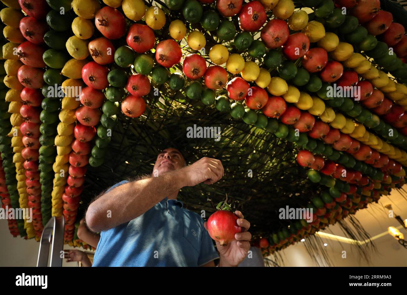 221007 -- NABLUS, 7. Oktober 2022 -- Ein Samaritaner hängt einen Granatapfel an die Decke seines Hauses zur Vorbereitung der Feier von Sukkot, dem fest der Tabernakel, auf dem Berg Gerizim in der Nähe der Westbank-Stadt Nablus, am 7. Oktober 2022. Foto von /Xinhua MIDEAST-MOUNT GERIZIM-SAMARITANS-SUKKOT AymanxNobani PUBLICATIONxNOTxINxCHN Stockfoto