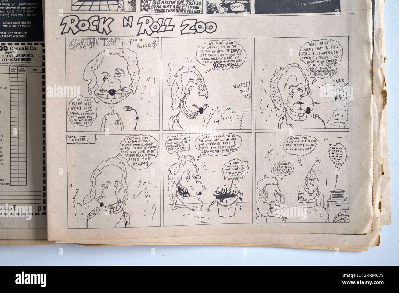 Rock N Roll Zoo Cartoon in der 1970er-Ausgabe von Sounds Music Paper Stockfoto