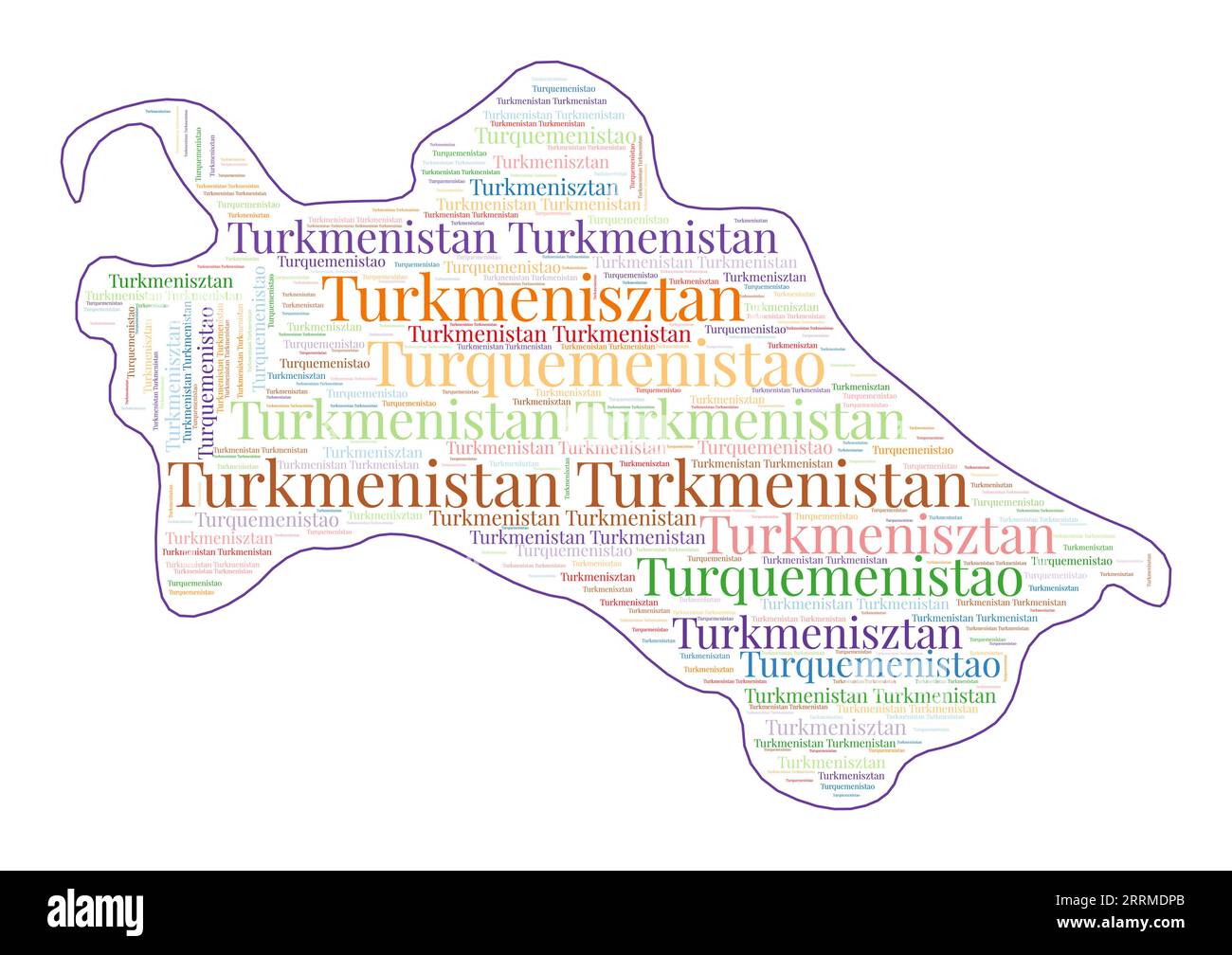 Turkmenistan-Form mit Ländernamen in vielen Sprachen. Turkmenistan Karte im Wortwolken-Stil. Stilvolle Vektorillustration. Stock Vektor