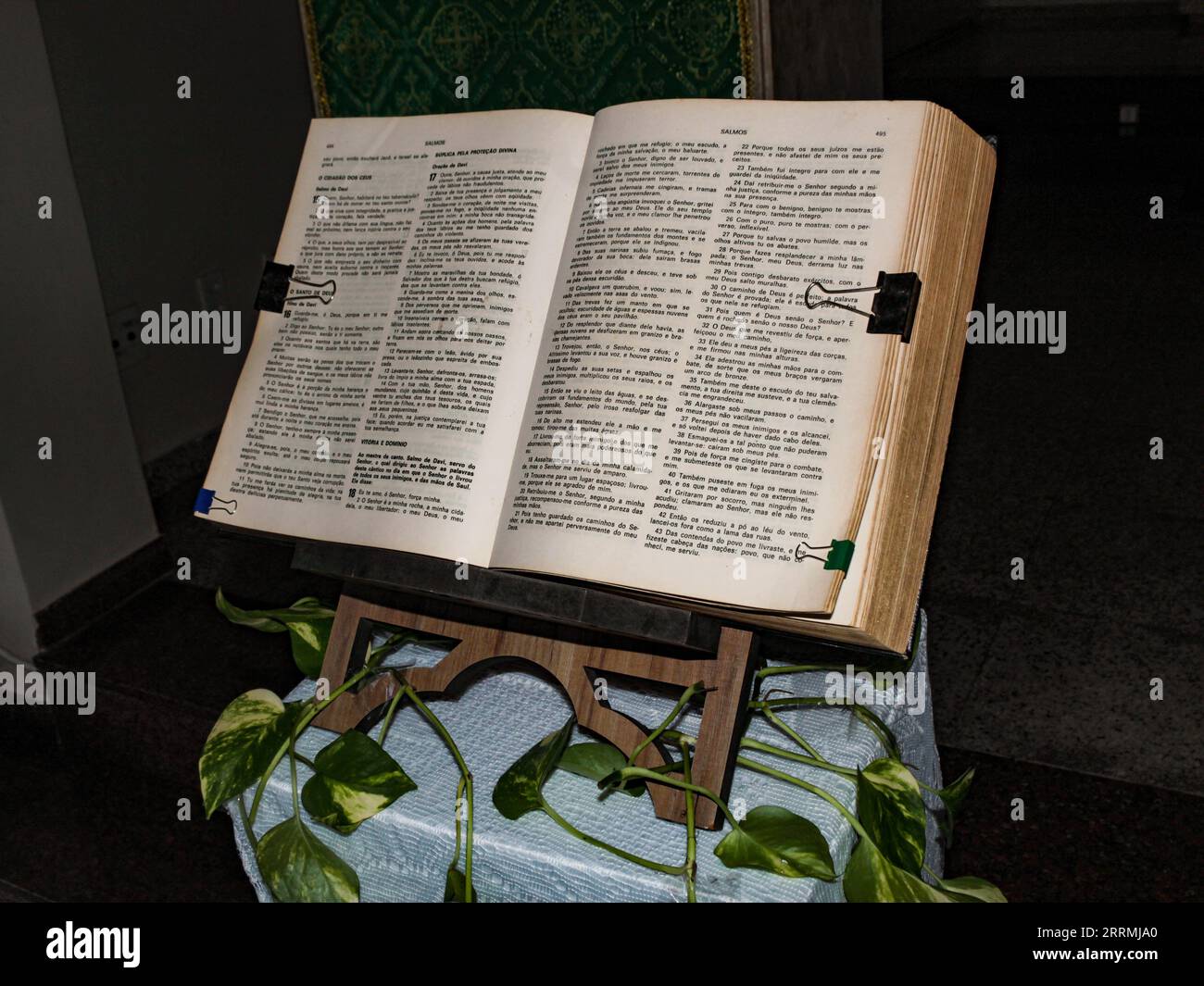 Eine offene Bibel im Buch der Psalmen, mit verschwommenem Hintergrund. Historisches Evangeliumsbuch. Evangelium, religiöses Symbol der Heiligen Bibel, Hauptliteratur für Chris Stockfoto