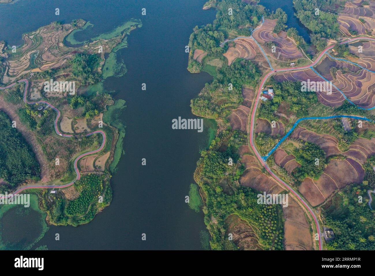 221109 -- CHONGQING, 9. Nov. 2022 -- dieses Luftbild vom 7. Nov. 2022 zeigt den Shuanggui Lake National Wetland Park im Liangping District im südwestchinesischen Chongqing. Liangping District gewann die International Wetland City von der Ramsar Convention in diesem Jahr. Der Bezirk hat einen Nationalpark auf nationaler Ebene, Shuanggui Lake National Wetland Park, gebaut. Es glänzt auch im Schutz und der Nutzung von kleinen und kleinen Feuchtgebieten. Die Bauern bauten Reis, Gemüse, Lotus, Fisch und Garnelen in kleinen und kleinen Feuchtgebieten an, einschließlich der vielen Teiche und Reisfelder des Bezirks. Ökologischer Landbau i Stockfoto