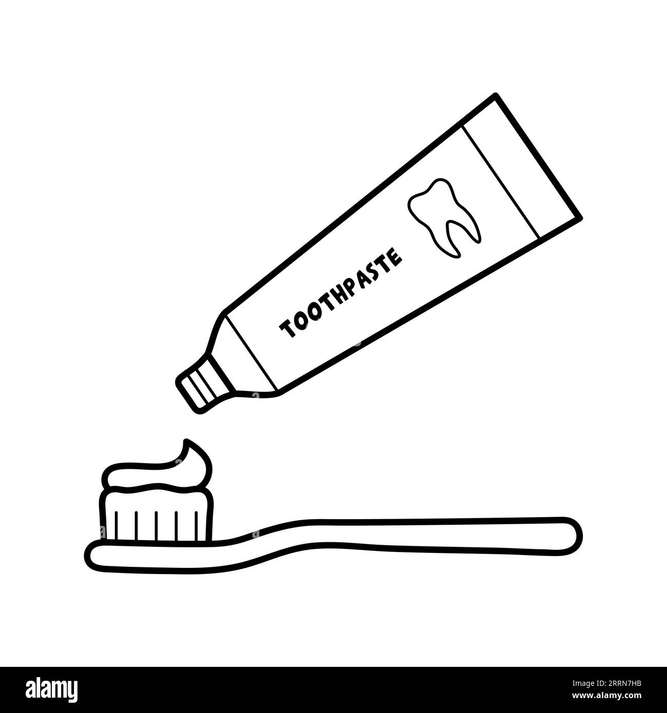 Tube Zahnpasta und eine Zahnbürste. Zahnärztliche Versorgung. Mundhygiene. Symbole für handgezeichnete Skizzen. Isolierte Vektorillustration im Doodle-Line-Stil. Stock Vektor