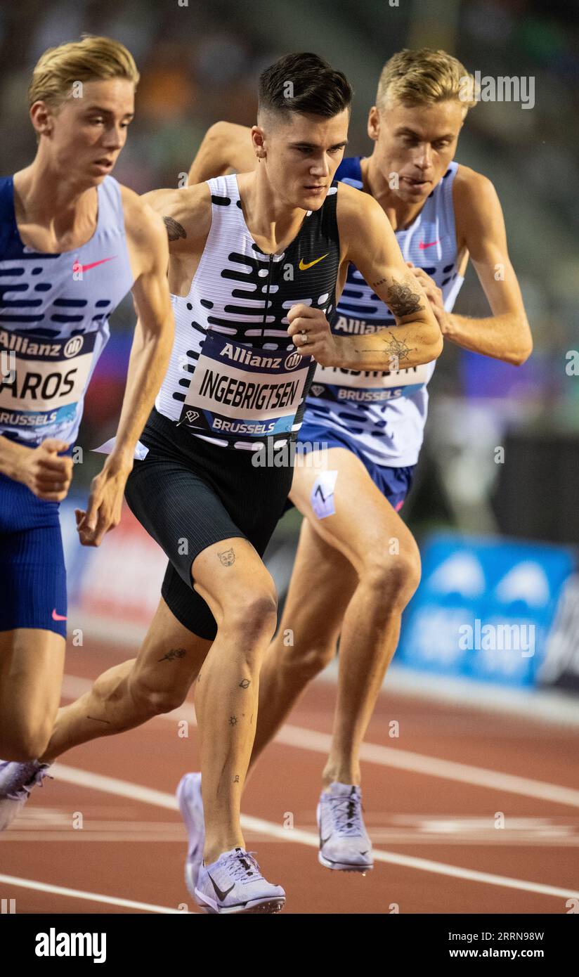 Brüssel, Belgien. September 2023. Jakob Ingebrigtsen aus Norwegen brach am 8. September 2023 den 24-jährigen 2000m-Weltrekord im Allianz Memorial Van Damme im King Baudouin Stadium in Brüssel Foto: Gary Mitchell/Alamy Live News Stockfoto