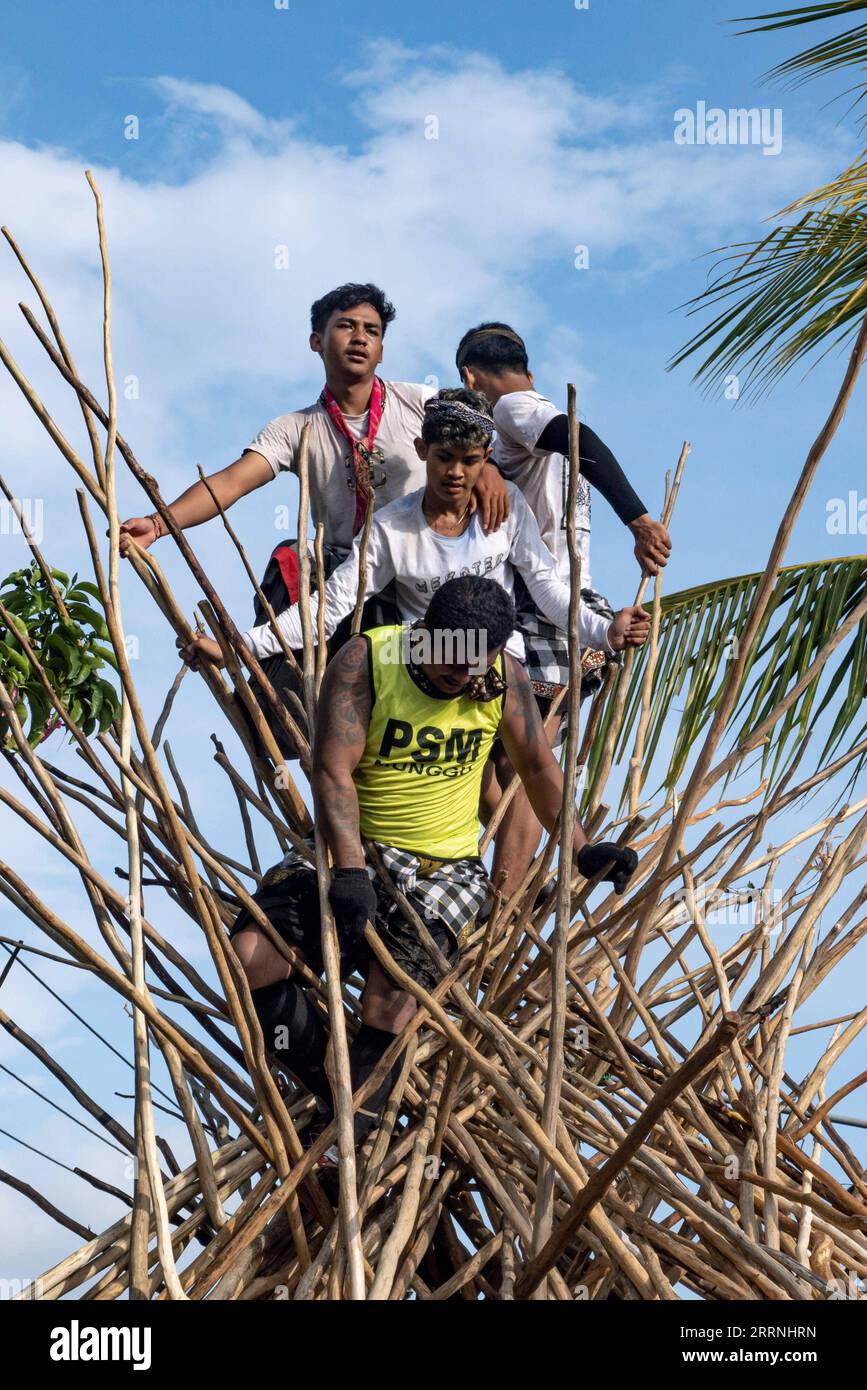 230115 -- BALI, 15. Januar 2023 -- Menschen klettern auf Holzstäbchen, die in Pyramidenform in der Mekotek-Tradition während der Feier des Kuningan-Tages im Munggu-Dorf Bali, Indonesien, 14. Januar 2023 zusammengesetzt wurden. Foto von /Xinhua INDONESIA-BALI-MEKOTEK TRADITION-KUNINGAN TAG DICKYXBISINGLASI PUBLICATIONxNOTxINxCHN Stockfoto
