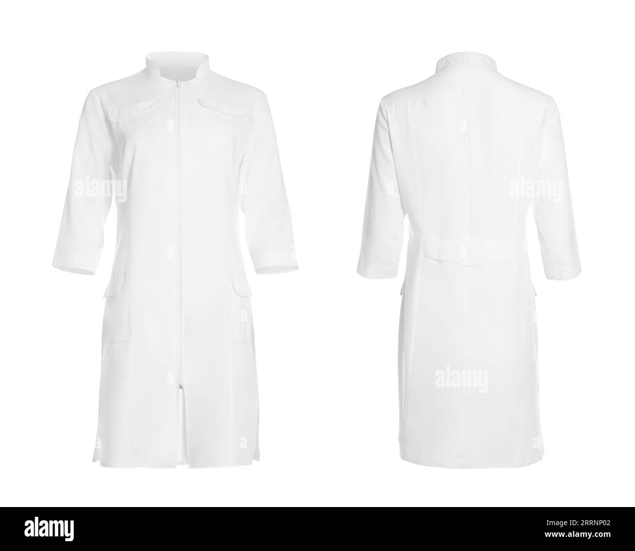 Medizinische Uniform isoliert auf weiß, Collage mit Rücken- und Vorderansicht Stockfoto