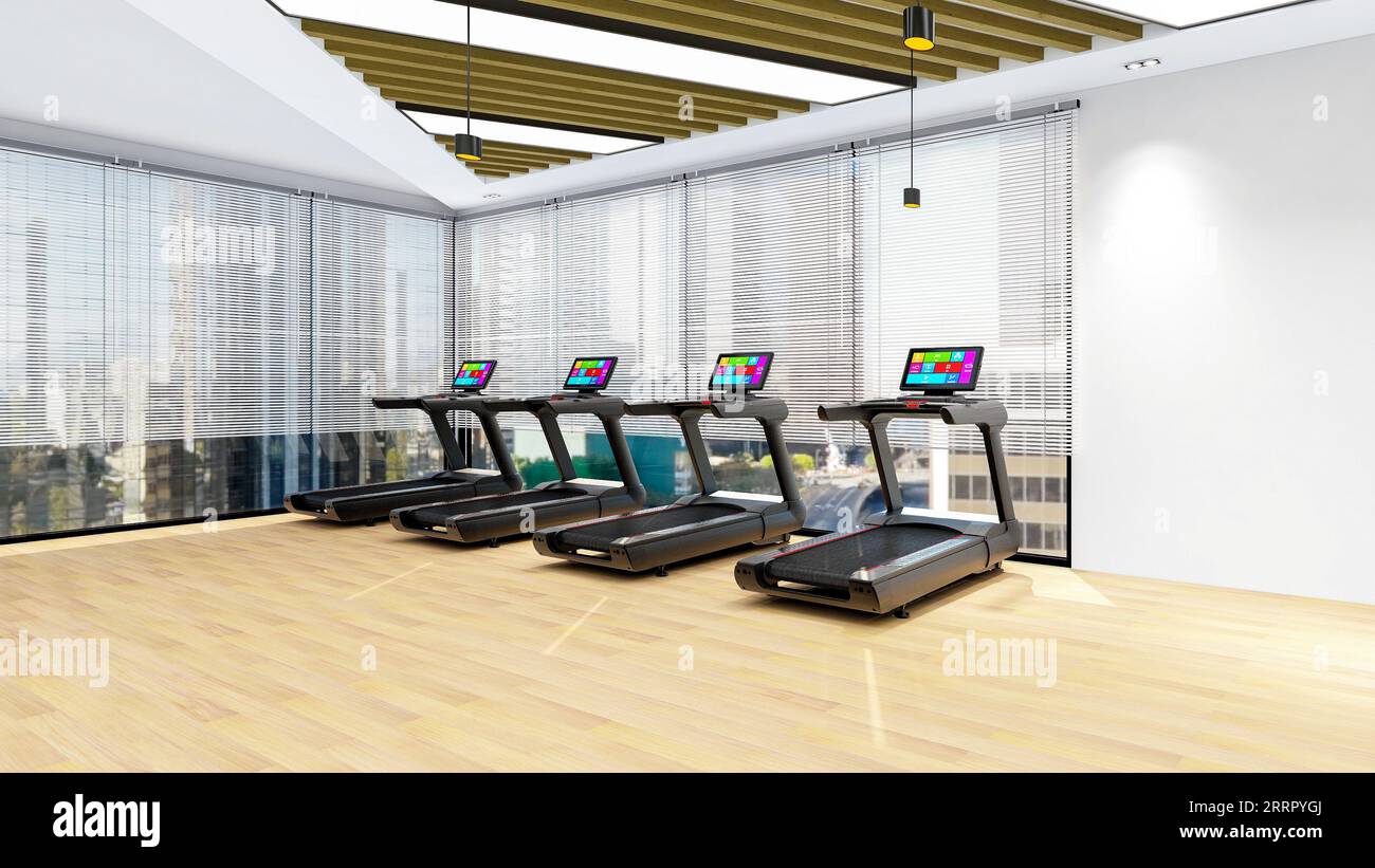 Moderne Innenausstattung des Fitnessstudios mit Sport- und Fitnessgeräten, Innenausstattung des Fitnesscenters, 3D-Rendering Stockfoto
