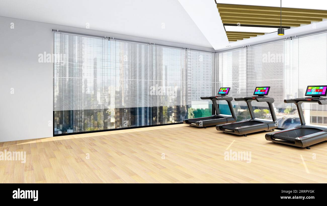 Moderne Innenausstattung des Fitnessstudios mit Sport- und Fitnessgeräten, Innenausstattung des Fitnesscenters, 3D-Rendering Stockfoto
