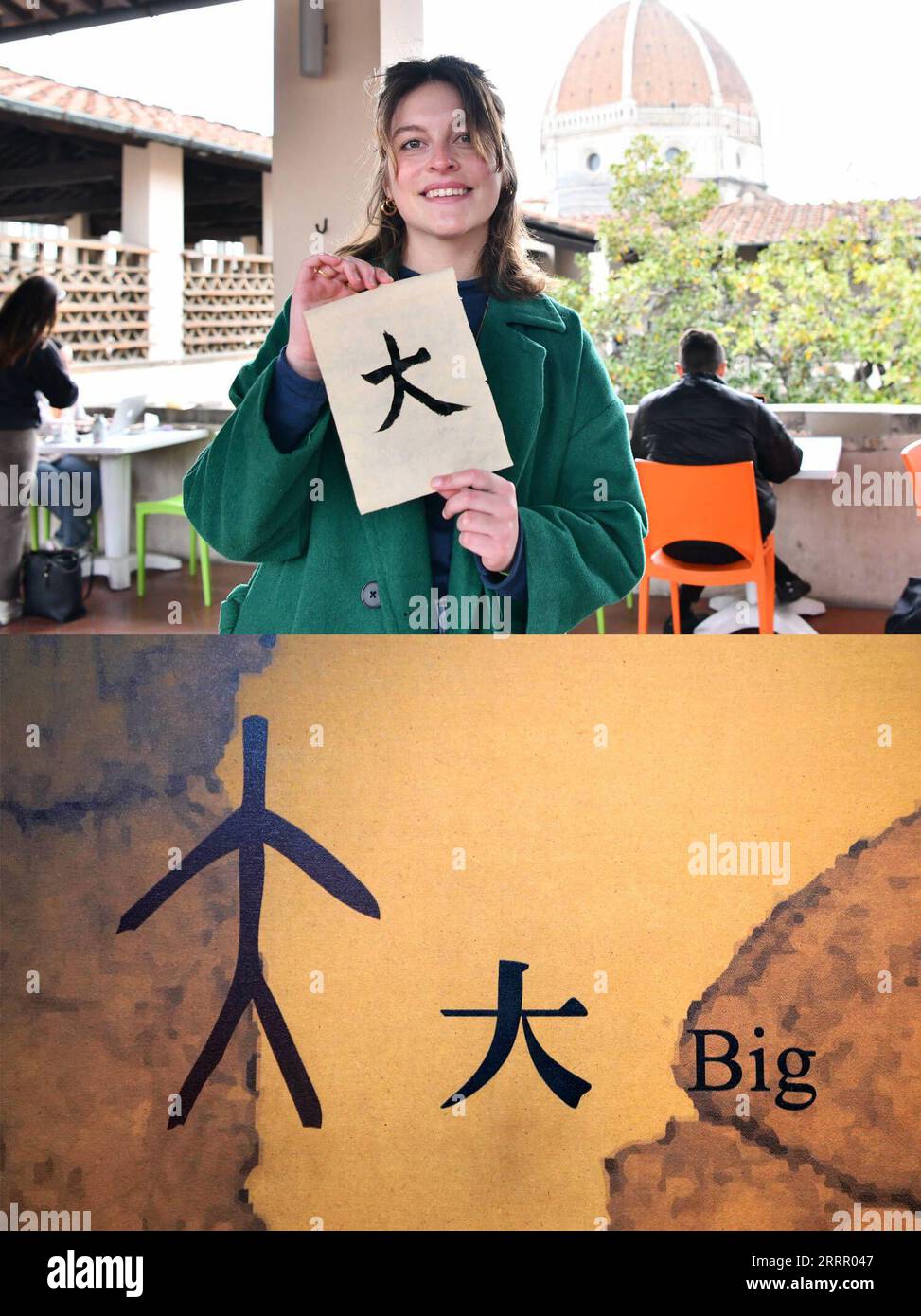 230420 -- PEKING, 20. April 2023 -- dieses Kombi-Foto zeigt die chinesische Kulturbegeisterte Anna, die den chinesischen Charakter da, was groß bedeutet, bei einer Aktivität zeigt, die vom Konfuzius-Institut an der Universität Florenz in Florenz, Italien, 13. April 2023, Foto von Jin Mamengni und der Schriftstellerin da L aus oracle Bone, was groß bedeutet, im National Museum of Chinese Writing in Anyang, Provinz Henan in Zentralchina am 19. April 2023, Foto von Li an. Seit 2010 findet jedes Jahr am 20. April der chinesische Tag der Vereinten Nationen statt, um die Sprache zu feiern Stockfoto