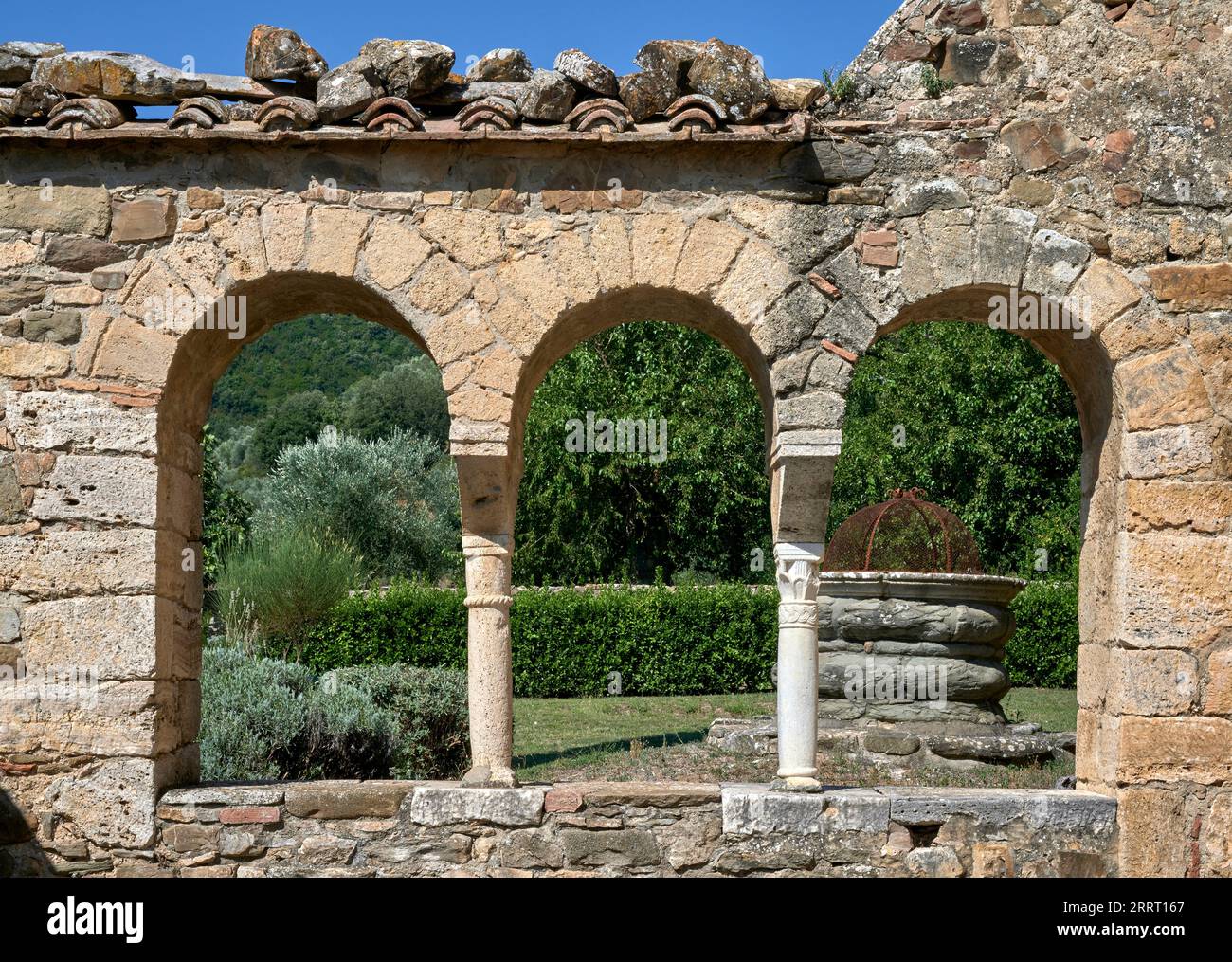 una parete con finestre e capitelli della biblioteca - XII secolo - Montalcino (Si), Abbazia di S. Antimo Stockfoto