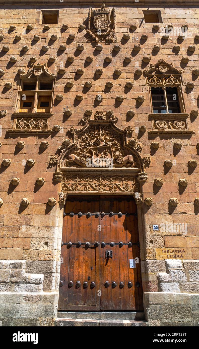 Alte mittelalterliche Holztür der öffentlichen Bibliothek und Haus der Muscheln mit Basreliefs von Löwen, Adlern, Wappen und religiösen Motiven von Salamanca Stockfoto