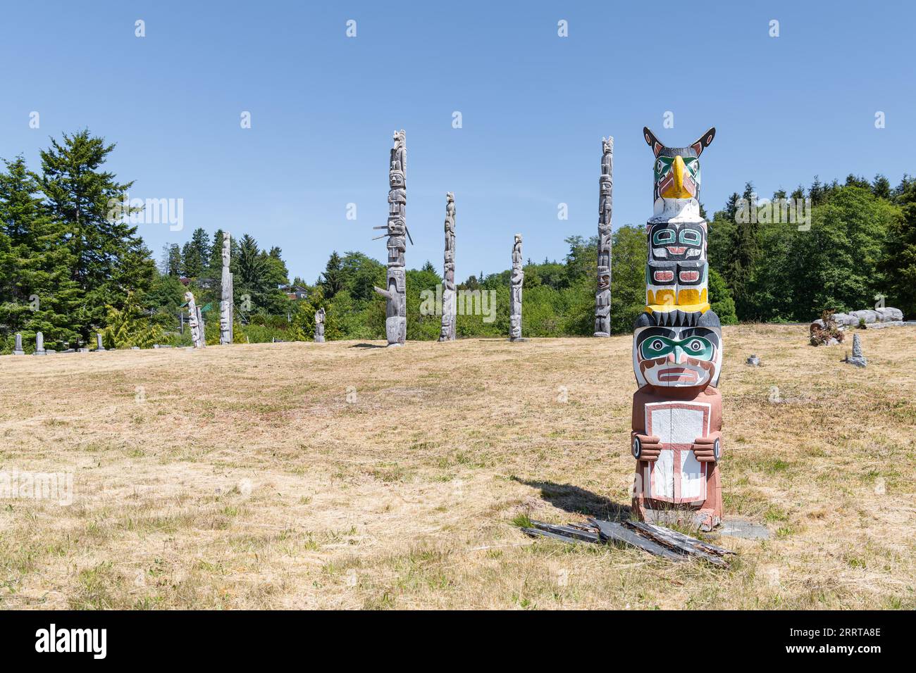 Zeremonielle Totem-Polen auf dem Namgis-Begräbnisgelände in Alert Bay, British Columbia, Kanada Stockfoto