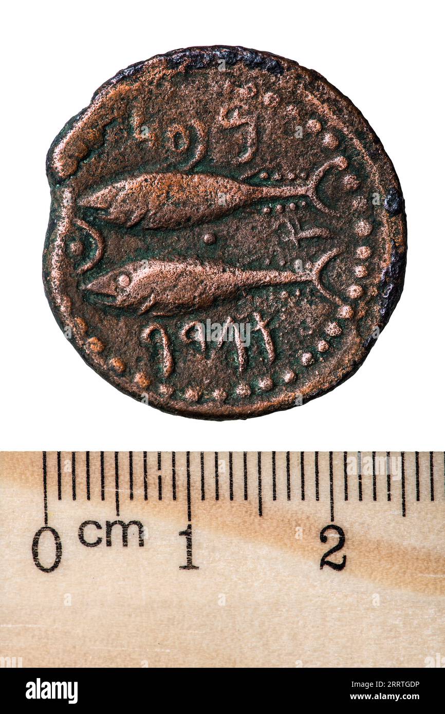 Antike Kupfermünze Spanisch (Iberia) V-III Jahrhunderte v. Chr. mit dem Bild von zwei Fischen. Rückwärts. Isoliert auf weiß Stockfoto
