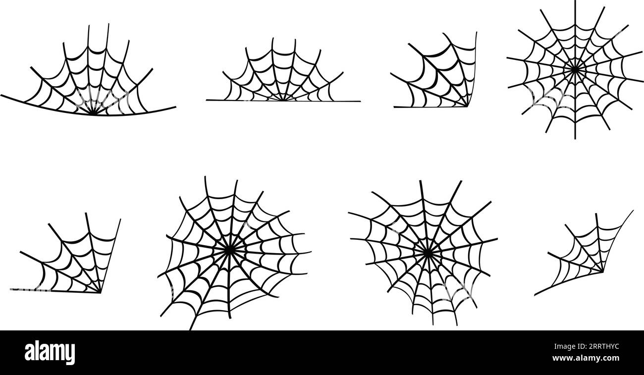 Design-Elemente für Spinnennetze. Abstrakte Textur von Insektenfallen. Halloween-Designelement. Isolierte Grafikvorlage. Vektorsatz. Stock Vektor