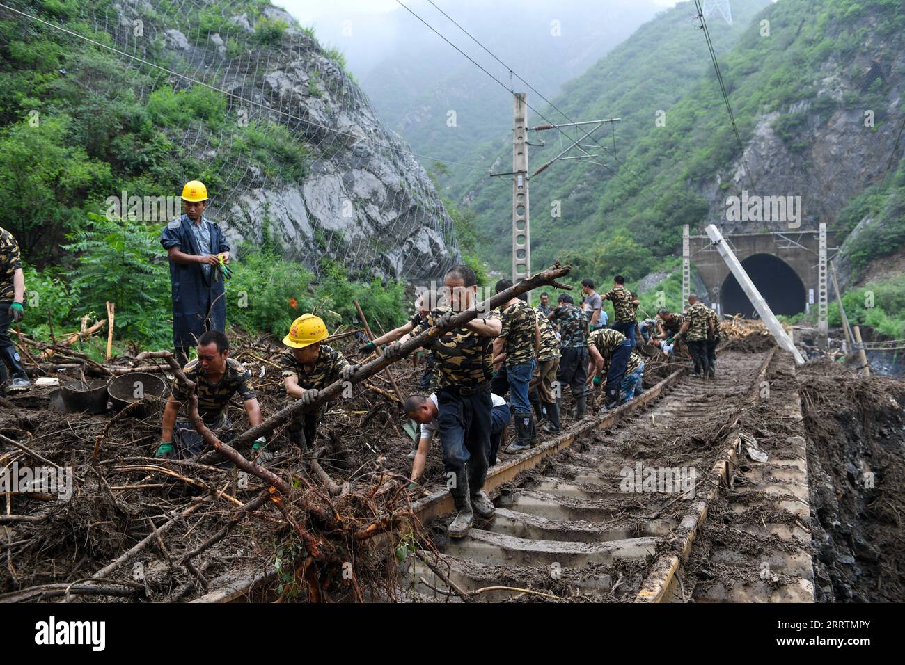 230801 -- PEKING, 1. Aug. 2023 -- Eisenbahnarbeiter entfernen umgestürzte Bäume von den Gleisen im Dorf Shuiyuzui im vom Hochwasser heimgesuchten Bezirk Mentougou, Peking, Hauptstadt von China, 1. Aug. 2023. Mehrere Bezirke in der Stadt, darunter die am schwersten betroffenen Gebiete Fangshan und Mentougou, hielten am Dienstag die höchste Alarmstufe für Hochwasserschutz aufrecht, da die Regenfälle anhalten werden, sagten die Hochwasserkontrollbehörden der Stadt. CHINA-PEKING-MENTOUGOU-FLUTRETTUNG CN JUXHUANZONG PUBLICATIONXNOTXINXCHN Stockfoto